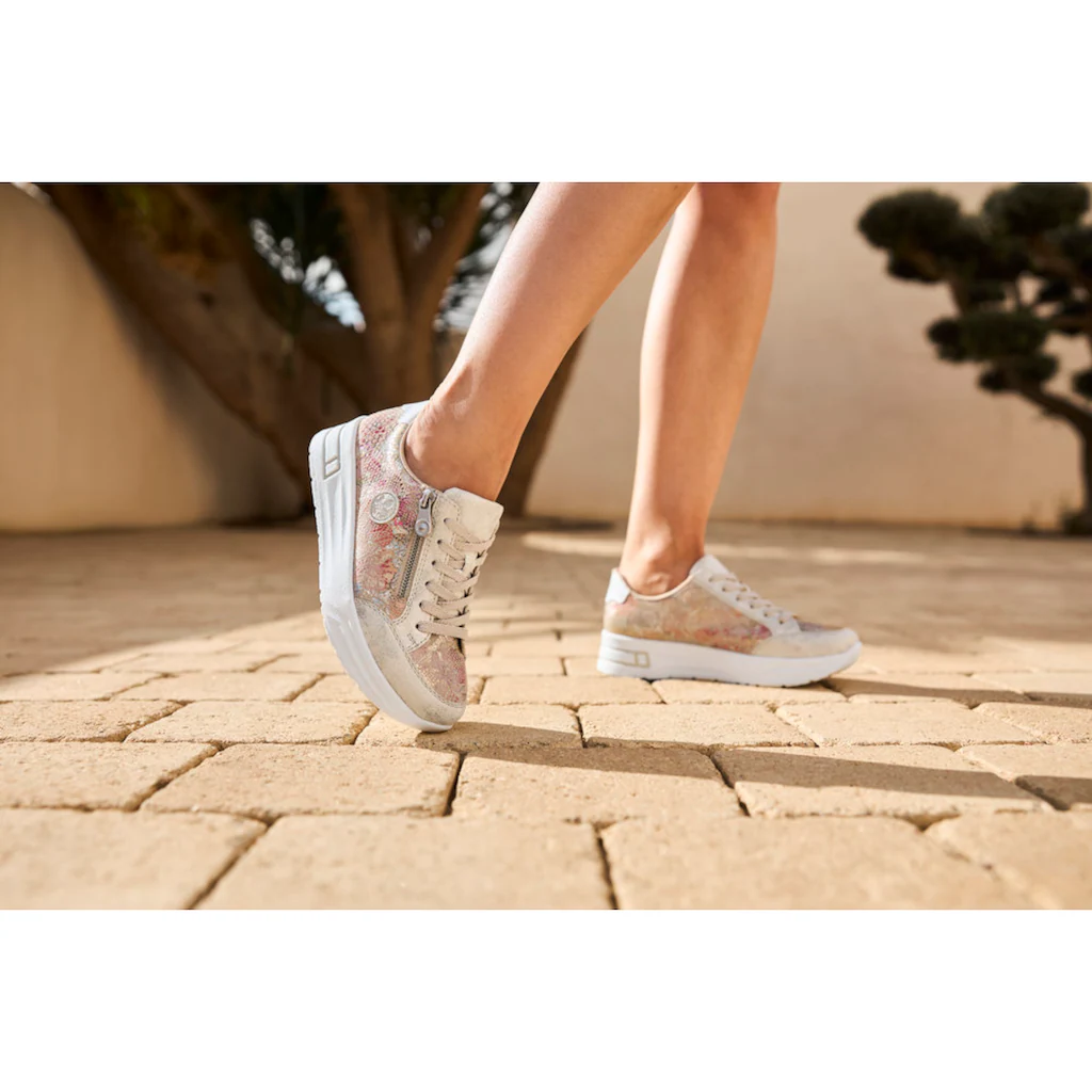 Rieker Plateausneaker Freizeitschuh Schnürschuh Halbschuh mit dezentem Goldschimmer ▷ für Fabrikverkauf