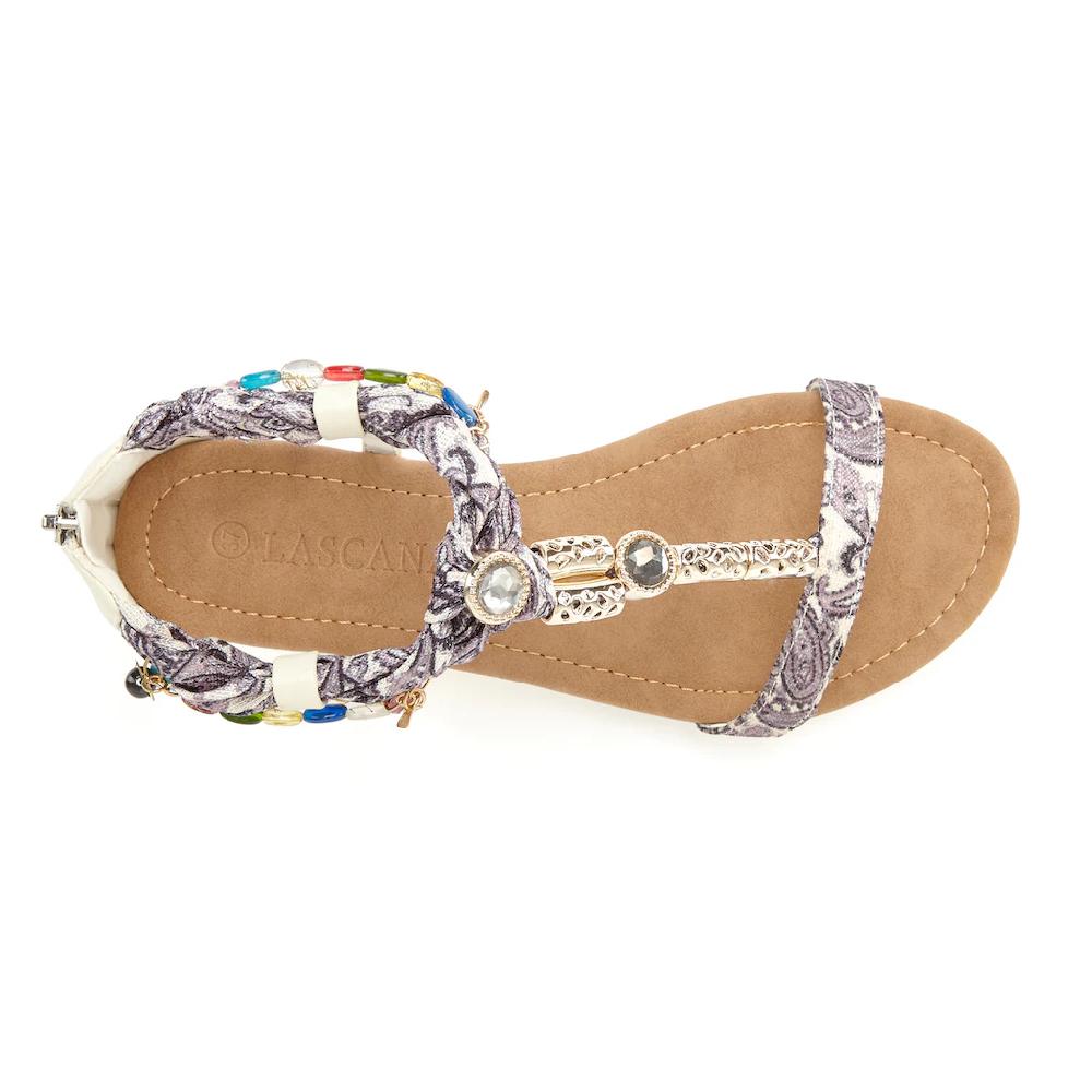 LASCANA Sandale Sandalette Sommerschuh mit Schmuckkettchen und Schmucksteinen VEGAN zollfrei
