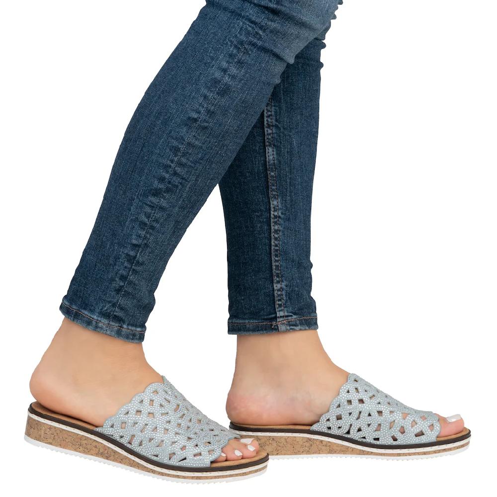 Rieker Pantolette Sommerschuh Schlappen Hausschuh Keilabsatz mit Perfortion Große Rabatte