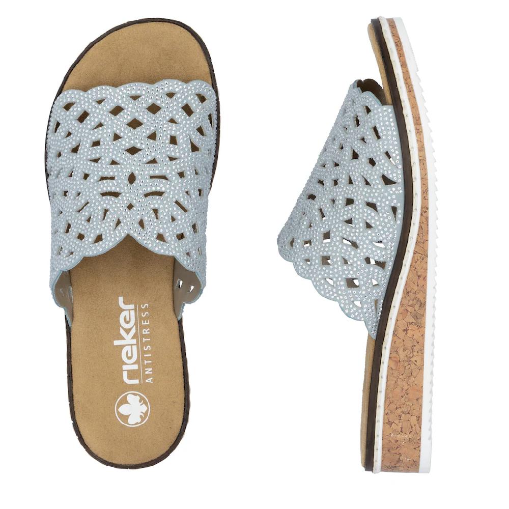 Rieker Pantolette Sommerschuh Schlappen Hausschuh Keilabsatz mit Perfortion Große Rabatte