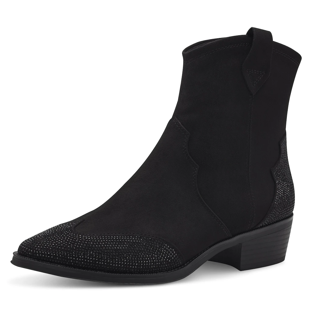 MARCO TOZZI Westernstiefelette Blockabsatz Cowboy Stiefelette Boots funkelnde Glitzersteinchen ▷ für