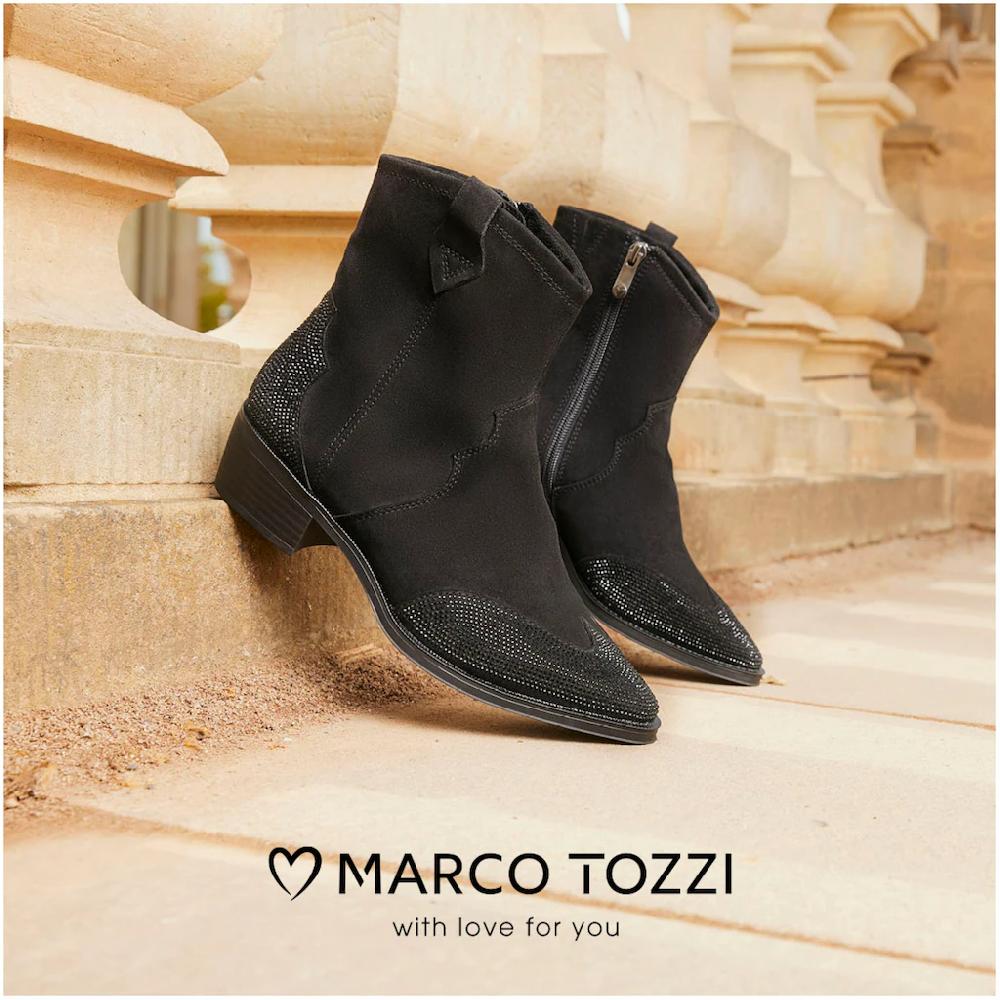 MARCO TOZZI Westernstiefelette Blockabsatz Cowboy Stiefelette Boots funkelnde Glitzersteinchen ▷ für Black Friday Preise